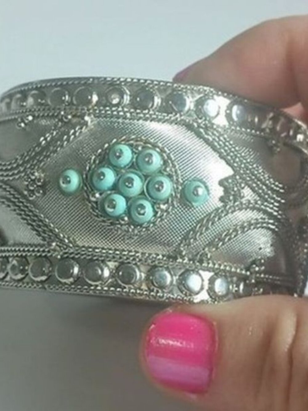 Wide Silver Tone Mesh Hinged Bracelet Faux Turquoise Cluster Boho Statement